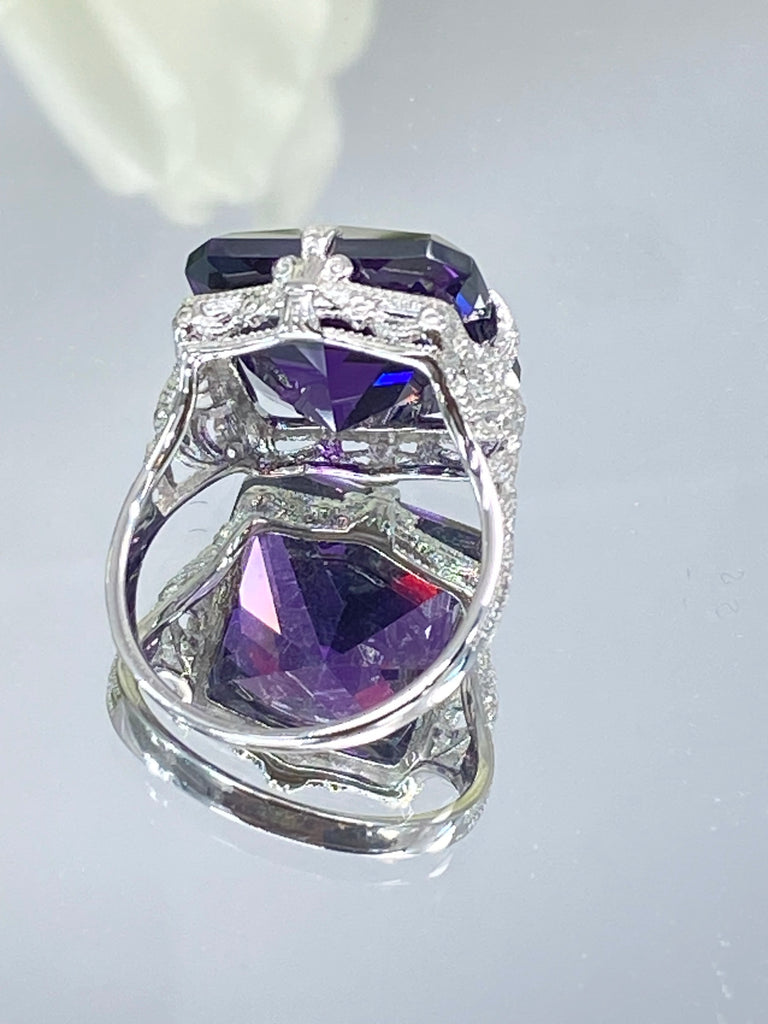 Purple Amethyst CZ Ring, Large Square Victorian Ring, White gold-plated sterling silver filigree, Square CZ Gem, D77, Silver Embrace jewelry