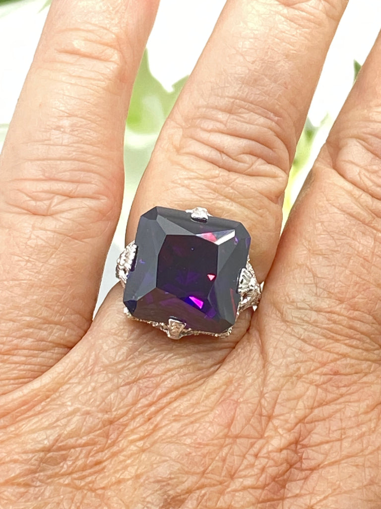 Purple Amethyst CZ Ring, Large Square Victorian Ring, White gold-plated sterling silver filigree, Square CZ Gem, D77, Silver Embrace jewelry