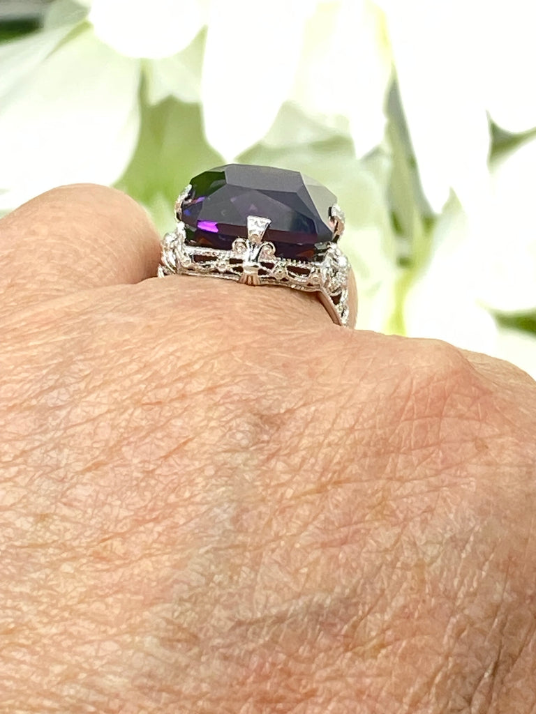 Purple Amethyst CZ Ring, Large Square Victorian Ring, White gold-plated sterling silver filigree, Square CZ Gem, D77, Silver Embrace jewelry