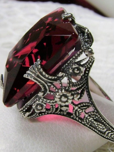 Red Ruby Ring, Square Victorian Ring, Simulated Gemstone, 12 carat gem, sterling silver filigree, Silver Embrace Jewelry, Square Vic Ring, D77