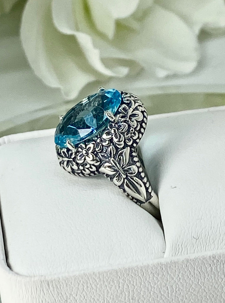 D79, Aquamarine Sky Blue oval gemstone, Butterfly Ring, Art Nouveau Jewelry, Vintage reproduction jewelry, Sterling silver filigree, Silver Embrace Jewelry, D79 Butterfly Design