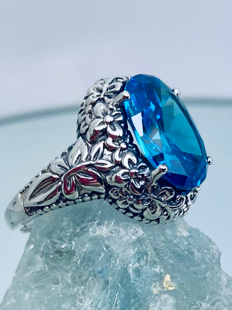 D79, Aquamarine Sky Blue Cubic Zirconia  oval gemstone, Butterfly Ring, Art Nouveau Jewelry, Vintage reproduction jewelry, Sterling silver filigree, Silver Embrace Jewelry, D79 Butterfly Design