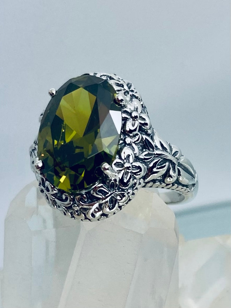 Green Peridot Cubic Zirconia (CZ) oval gemstone, Butterfly Ring, Art Nouveau Jewelry, Vintage reproduction jewelry, Sterling silver filigree, Silver Embrace Jewelry, D79 Butterfly Design
