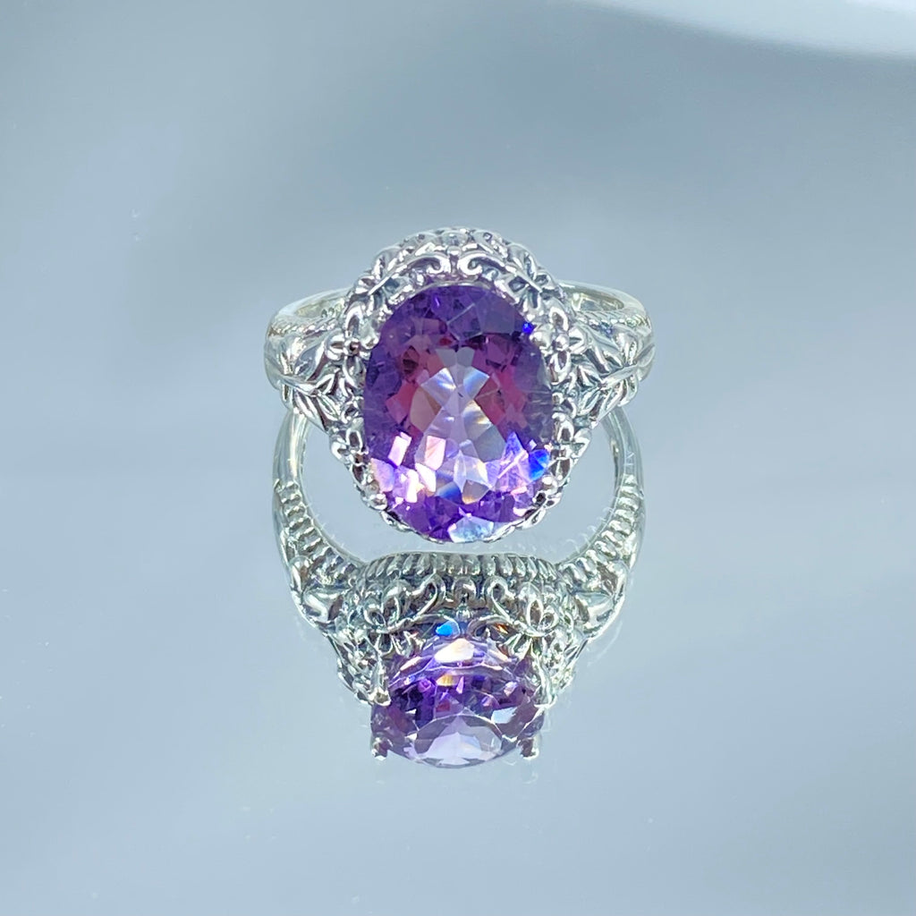 Natural Purple amethyst oval gemstone, Butterfly Ring, Art Nouveau Jewelry, Vintage reproduction jewelry, Sterling silver filigree, Silver Embrace Jewelry, D79 Butterfly Design