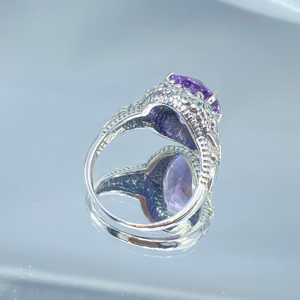 Natural Purple amethyst oval gemstone, Butterfly Ring, Art Nouveau Jewelry, Vintage reproduction jewelry, Sterling silver filigree, Silver Embrace Jewelry, D79 Butterfly Design