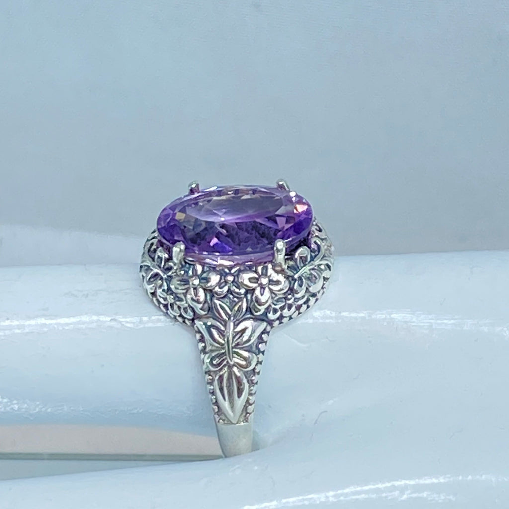 Natural Purple amethyst oval gemstone, Butterfly Ring, Art Nouveau Jewelry, Vintage reproduction jewelry, Sterling silver filigree, Silver Embrace Jewelry, D79 Butterfly Design