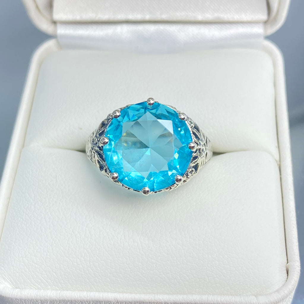 Sky blue Aquamarine Crown Ring, Round Full Cut Gemstone, Sterling Silver Filigree Victorian Reproduction Jewelry, Vintage Jewelry, Silver Embrace Jewelry, D08 Crown