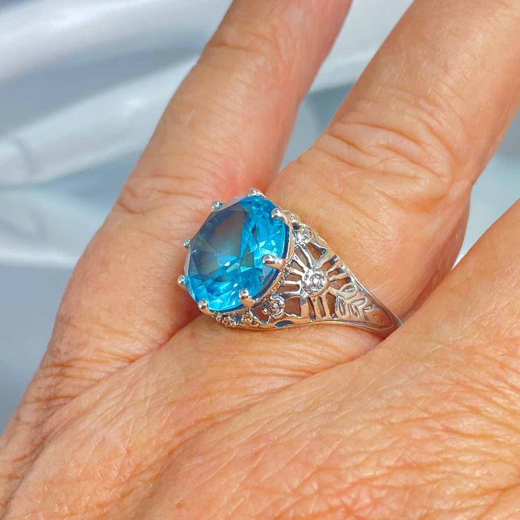 Sky blue Aquamarine Crown Ring, Round Full Cut Gemstone, Sterling Silver Filigree Victorian Reproduction Jewelry, Vintage Jewelry, Silver Embrace Jewelry, D08 Crown