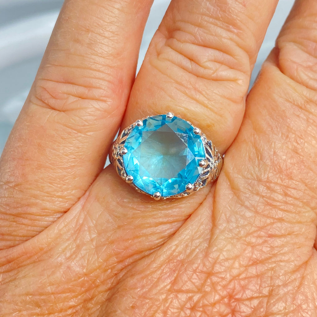 Sky blue Aquamarine Crown Ring, Round Full Cut Gemstone, Sterling Silver Filigree Victorian Reproduction Jewelry, Vintage Jewelry, Silver Embrace Jewelry, D08 Crown