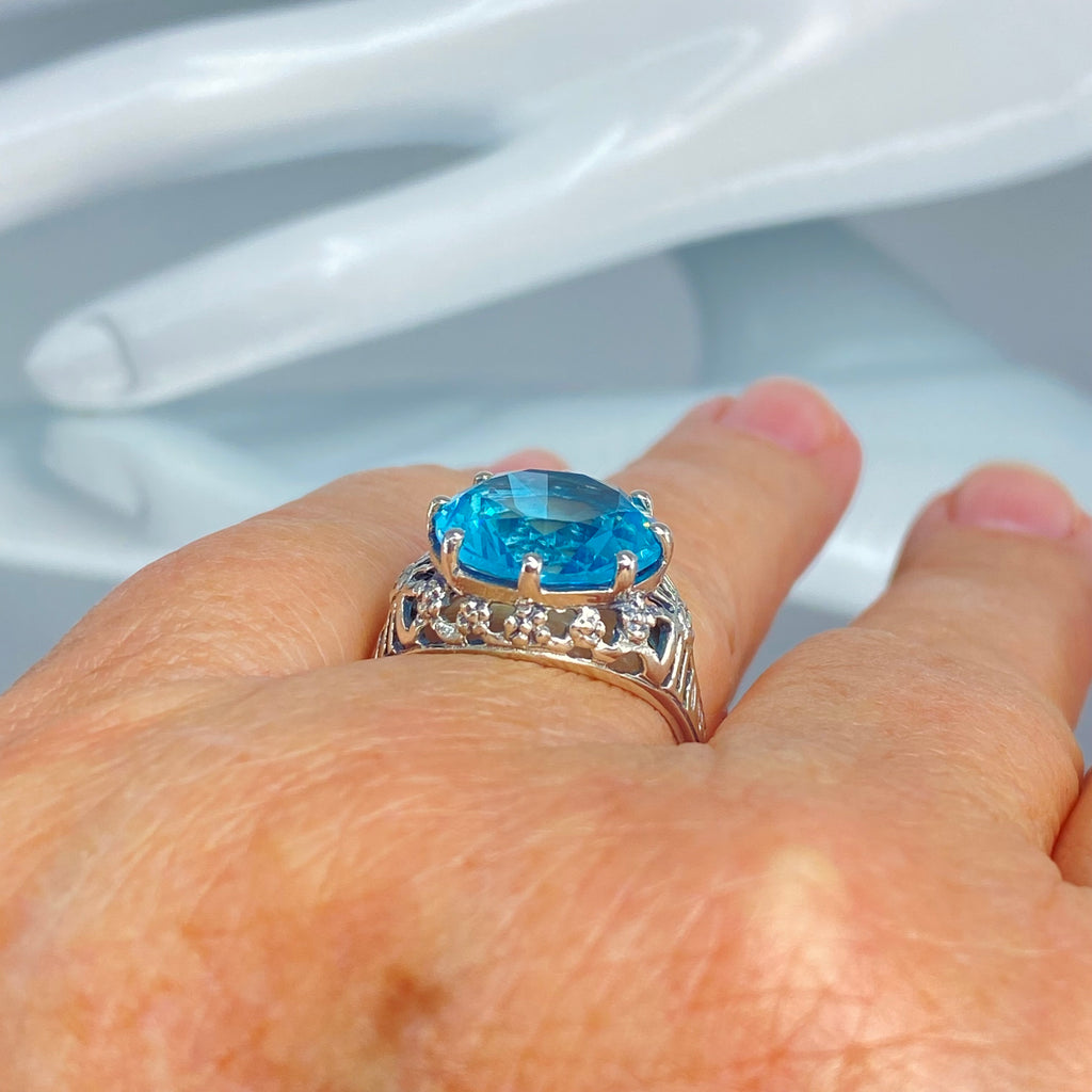 Sky blue Aquamarine Crown Ring, Round Full Cut Gemstone, Sterling Silver Filigree Victorian Reproduction Jewelry, Vintage Jewelry, Silver Embrace Jewelry, D08 Crown