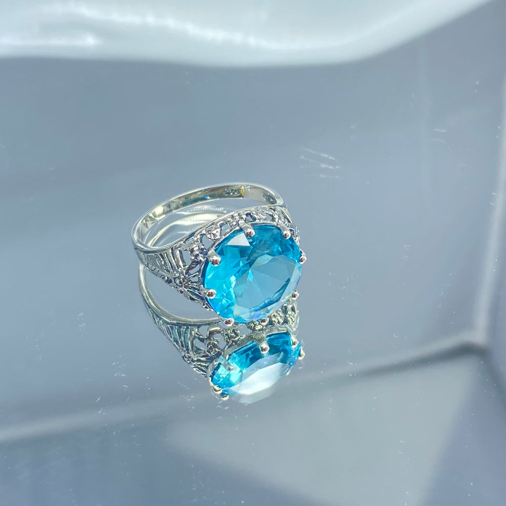 Sky blue Aquamarine Crown Ring, Round Full Cut Gemstone, Sterling Silver Filigree Victorian Reproduction Jewelry, Vintage Jewelry, Silver Embrace Jewelry, D08 Crown