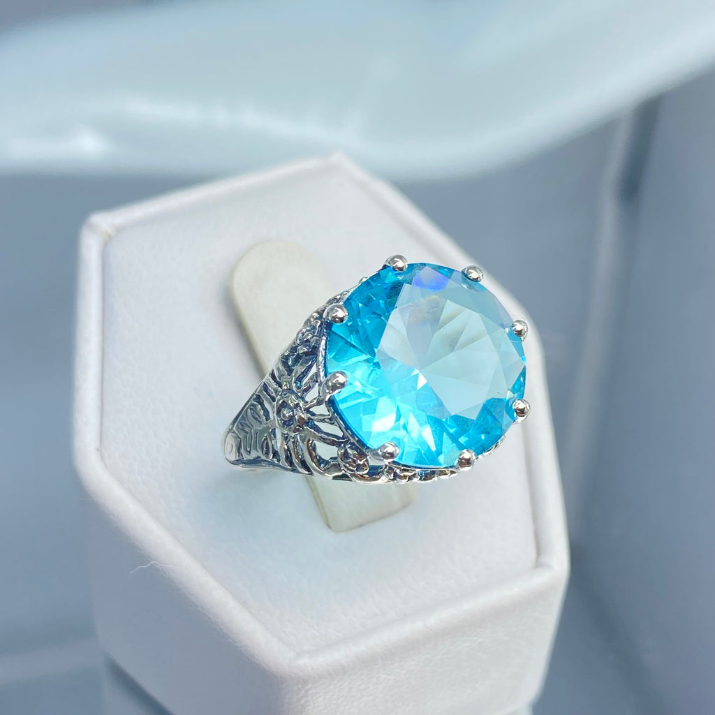 Sky blue Aquamarine Crown Ring, Round Full Cut Gemstone, Sterling Silver Filigree Victorian Reproduction Jewelry, Vintage Jewelry, Silver Embrace Jewelry, D08 Crown