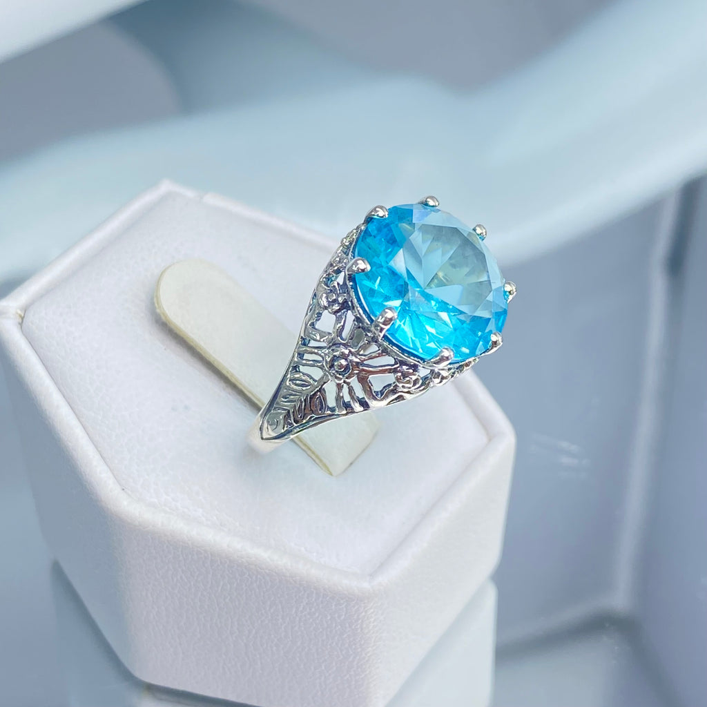 Sky blue Aquamarine Crown Ring, Round Full Cut Gemstone, Sterling Silver Filigree Victorian Reproduction Jewelry, Vintage Jewelry, Silver Embrace Jewelry, D08 Crown