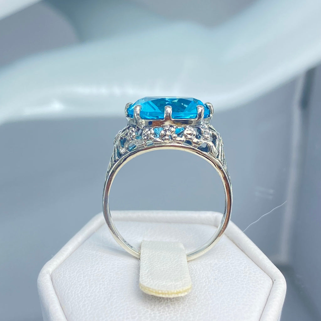 Sky blue Aquamarine Crown Ring, Round Full Cut Gemstone, Sterling Silver Filigree Victorian Reproduction Jewelry, Vintage Jewelry, Silver Embrace Jewelry, D08 Crown