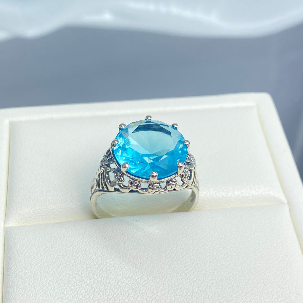 Sky blue Aquamarine Crown Ring, Round Full Cut Gemstone, Sterling Silver Filigree Victorian Reproduction Jewelry, Vintage Jewelry, Silver Embrace Jewelry, D08 Crown