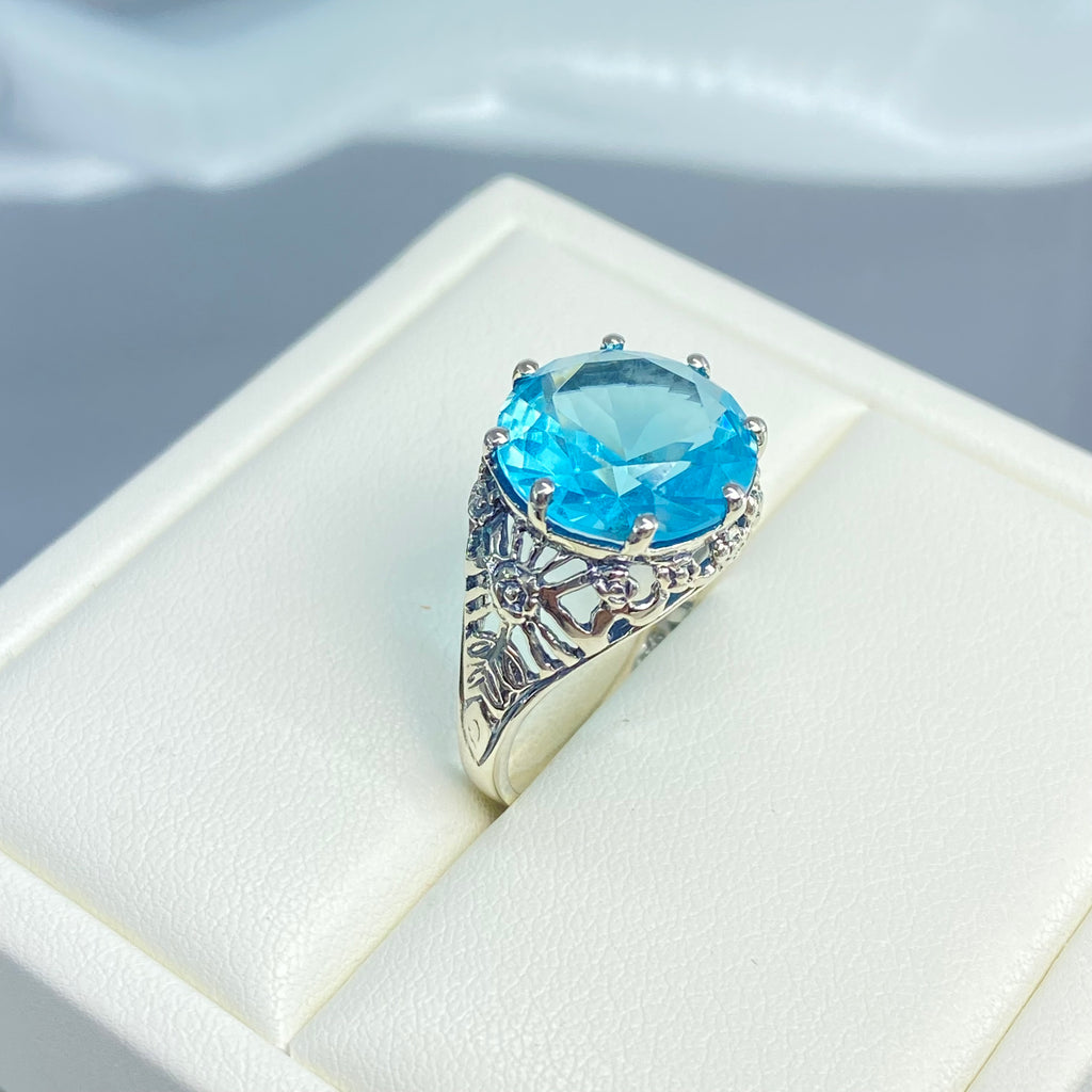 Sky blue Aquamarine Crown Ring, Round Full Cut Gemstone, Sterling Silver Filigree Victorian Reproduction Jewelry, Vintage Jewelry, Silver Embrace Jewelry, D08 Crown