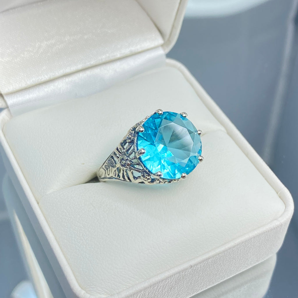 Sky blue Aquamarine Crown Ring, Round Full Cut Gemstone, Sterling Silver Filigree Victorian Reproduction Jewelry, Vintage Jewelry, Silver Embrace Jewelry, D08 Crown