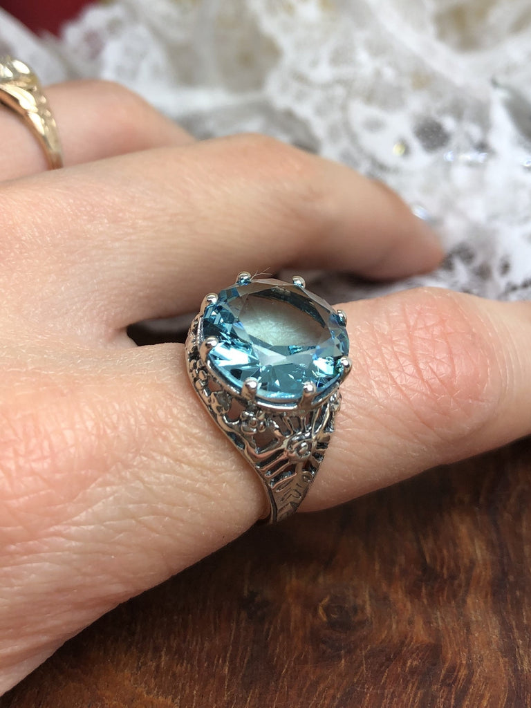Sky blue Aquamarine Crown Ring, Round Full Cut Gemstone, Sterling Silver Filigree Victorian Reproduction Jewelry, Vintage Jewelry, Silver Embrace Jewelry, D08 Crown