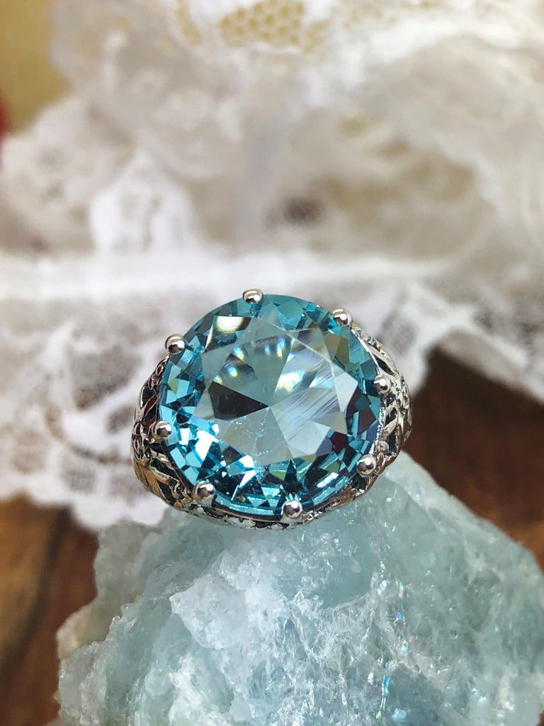 Sky Blue Aquamarine Crown Ring, Round Full Cut Gemstone, Sterling Silver Filigree Victorian Reproduction Jewelry, Vintage Jewelry, Silver Embrace Jewelry, D08 Crown