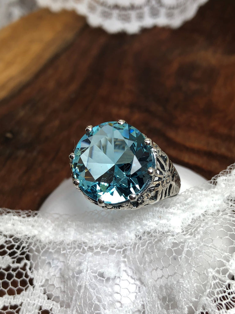 Sky blue Aquamarine Crown Ring, Round Full Cut Gemstone, Sterling Silver Filigree Victorian Reproduction Jewelry, Vintage Jewelry, Silver Embrace Jewelry, D08 Crown