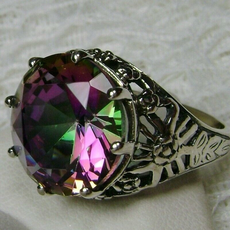 Mystic Topaz Crown Ring, Round Full Cut Gemstone, Sterling Silver Filigree Victorian Reproduction Jewelry, Vintage Jewelry, Silver Embrace Jewelry, D08 Crown