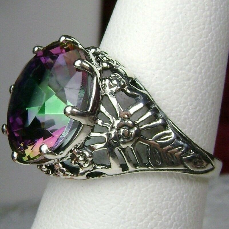 Mystic Rainbow Topaz Crown Ring, Round Full Cut Gemstone, Sterling Silver Filigree Victorian Reproduction Jewelry, Vintage Jewelry, Silver Embrace Jewelry, D08 Crown