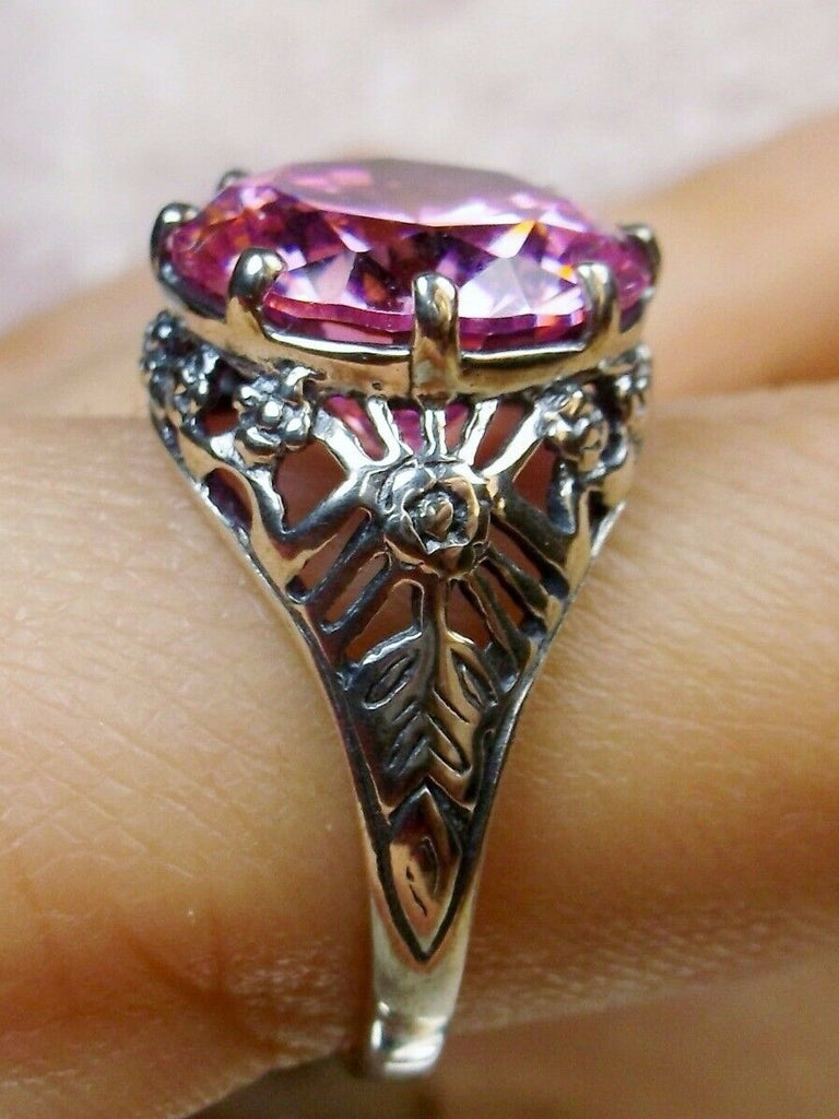 Pink Cubic Zirconia (CZ) Crown Ring, Round Full Cut Gemstone, Sterling Silver Filigree Victorian Reproduction Jewelry, Vintage Jewelry, Silver Embrace Jewelry, D08 Crown