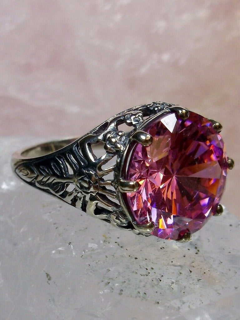 Pink Topaz Cubic Zirconia (CZ) Crown Ring, Round Full Cut Gemstone, Sterling Silver Filigree Victorian Reproduction Jewelry, Vintage Jewelry, Silver Embrace Jewelry, D08 Crown