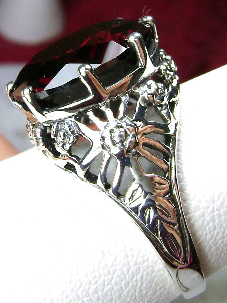 Red Garnet Cubic Zirconia (CZ) Crown Ring, Round Full Cut Gemstone, Sterling Silver Filigree Victorian Reproduction Jewelry, Vintage Jewelry, Silver Embrace Jewelry, D08 Crown