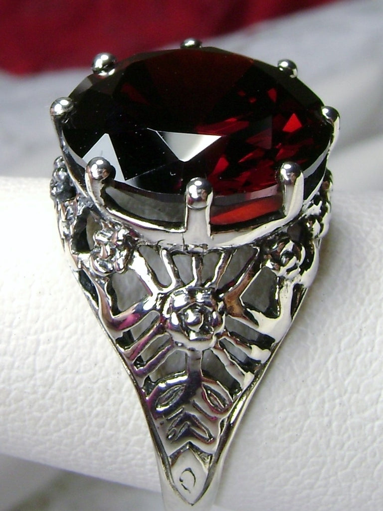 Red Garnet Cubic Zirconia (CZ) Crown Ring, Round Full Cut Gemstone, Sterling Silver Filigree Victorian Reproduction Jewelry, Vintage Jewelry, Silver Embrace Jewelry, D08 Crown