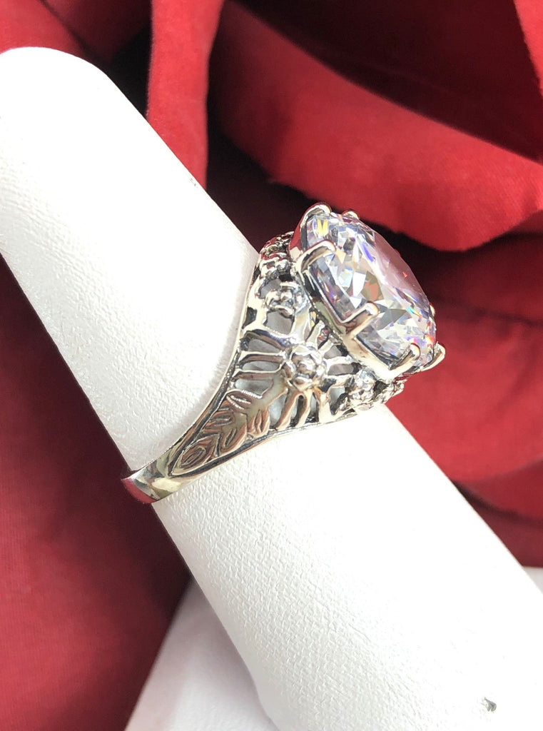 White Cubic Zirconia (CZ) Crown Ring, Round Full Cut Gemstone, Sterling Silver Filigree Victorian Reproduction Jewelry, Vintage Jewelry, Silver Embrace Jewelry, D08 Crown