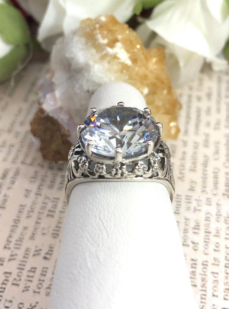 White Cubic Zirconia (CZ) Crown Ring, Round Full Cut Gemstone, Sterling Silver Filigree Victorian Reproduction Jewelry, Vintage Jewelry, Silver Embrace Jewelry, D08 Crown
