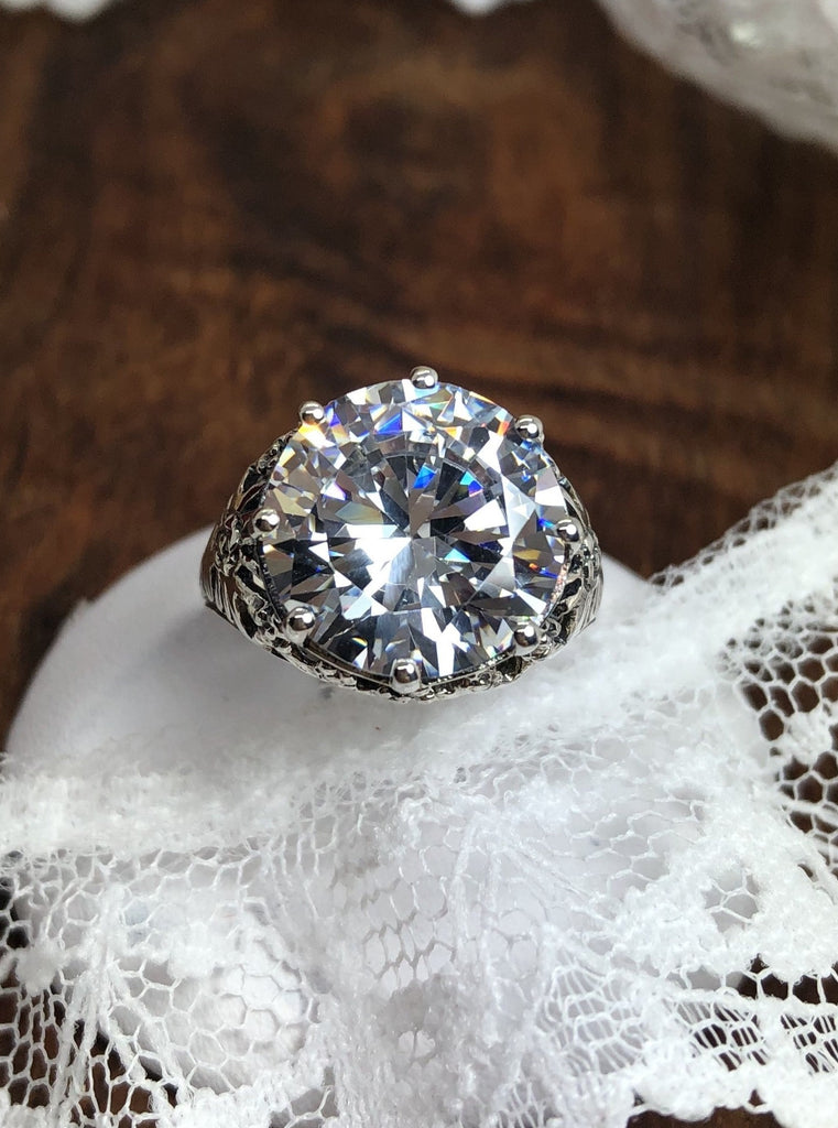 White  Cubic Zirconia (CZ) Crown Ring, Round Full Cut Gemstone, Sterling Silver Filigree Victorian Reproduction Jewelry, Vintage Jewelry, Silver Embrace Jewelry, D08 Crown