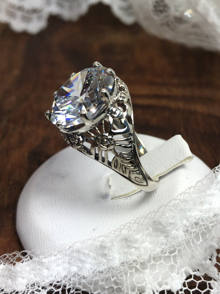 White Cubic Zirconia (CZ) Crown Ring, Round Full Cut Gemstone, Sterling Silver Filigree Victorian Reproduction Jewelry, Vintage Jewelry, Silver Embrace Jewelry, D08 Crown