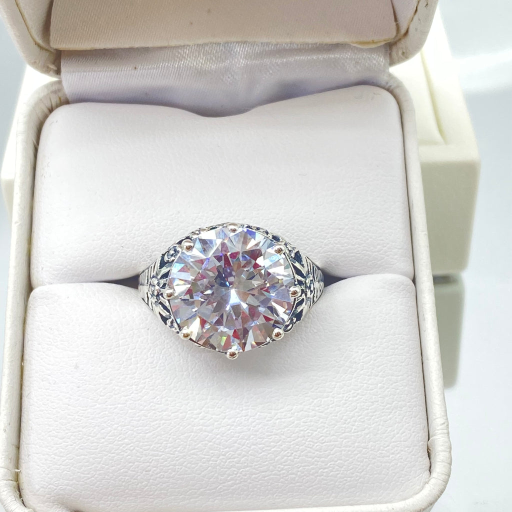 White Cubic Zirconia (CZ) Crown Ring, Round Full Cut Gemstone, Sterling Silver Filigree Victorian Reproduction Jewelry, Vintage Jewelry, Silver Embrace Jewelry, D08 Crown