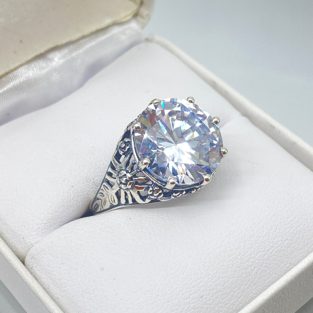 White Cubic Zirconia (CZ) Crown Ring, Round Full Cut Gemstone, Sterling Silver Filigree Victorian Reproduction Jewelry, Vintage Jewelry, Silver Embrace Jewelry, D08 Crown