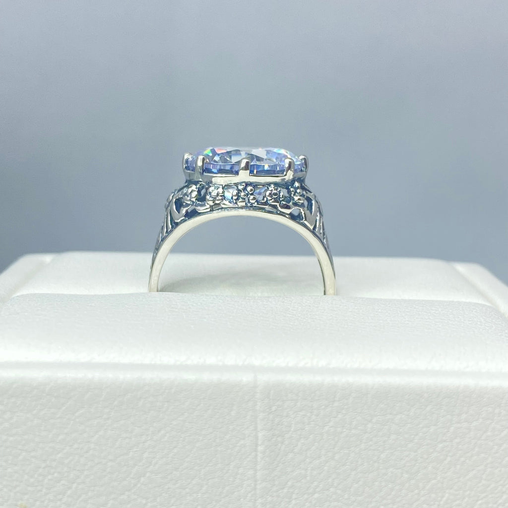 White Cubic Zirconia (CZ) Crown Ring, Round Full Cut Gemstone, Sterling Silver Filigree Victorian Reproduction Jewelry, Vintage Jewelry, Silver Embrace Jewelry, D08 Crown