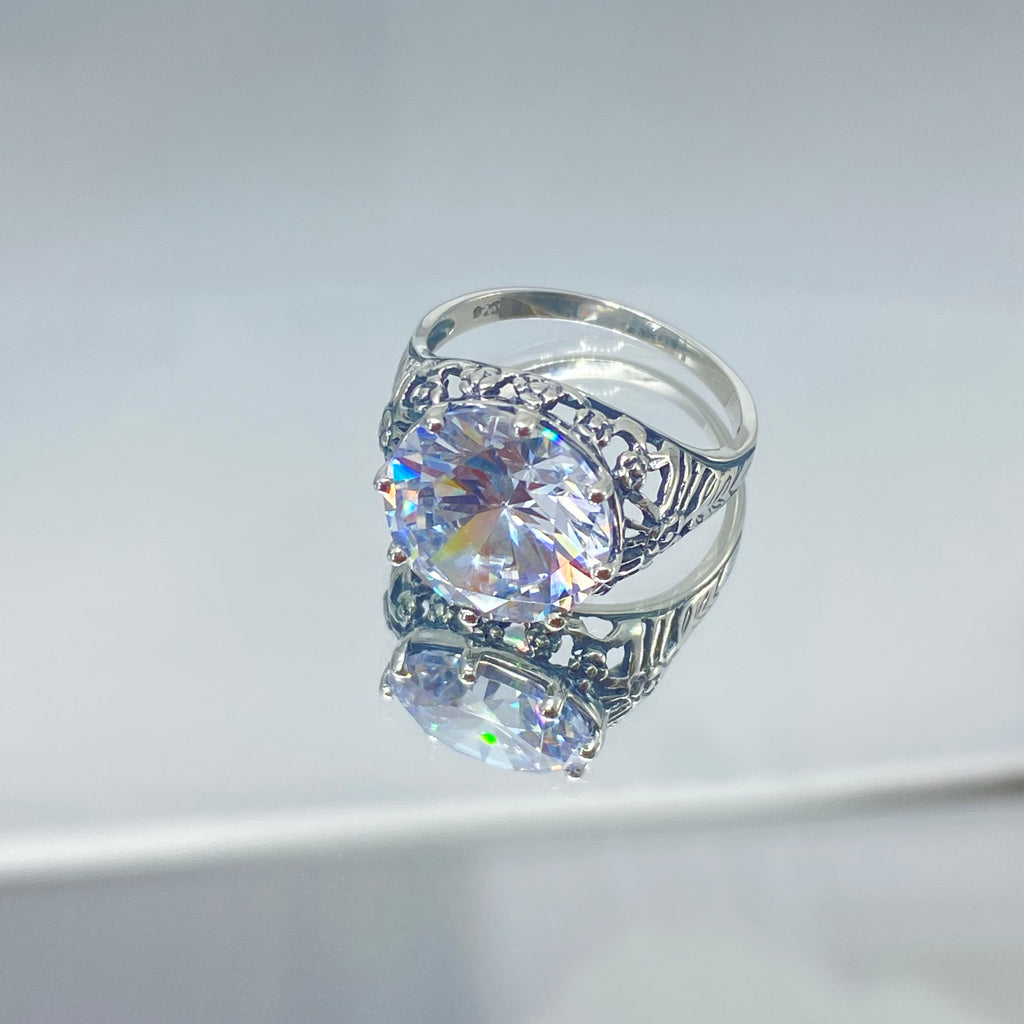 White Cubic Zirconia (CZ) Crown Ring, Round Full Cut Gemstone, Sterling Silver Filigree Victorian Reproduction Jewelry, Vintage Jewelry, Silver Embrace Jewelry, D08 Crown