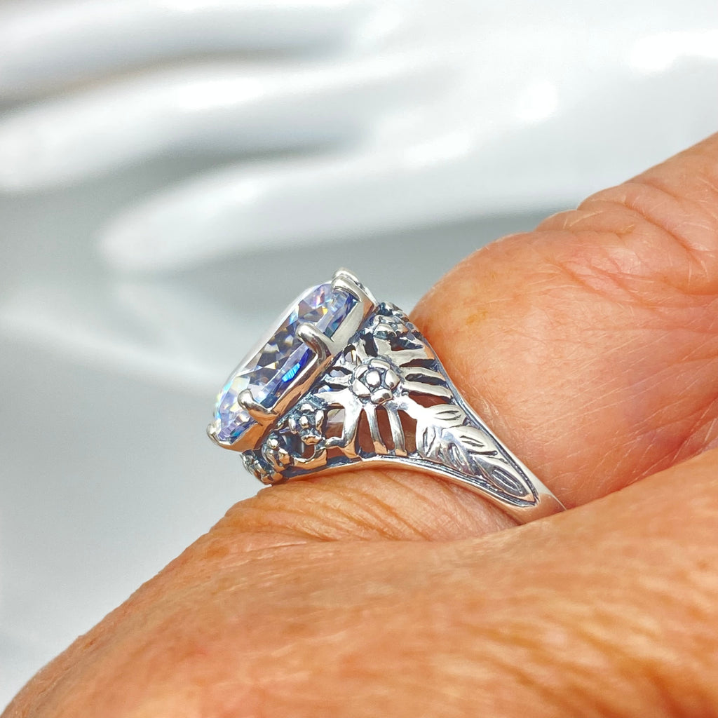 White Cubic Zirconia (CZ) Crown Ring, Round Full Cut Gemstone, Sterling Silver Filigree Victorian Reproduction Jewelry, Vintage Jewelry, Silver Embrace Jewelry, D08 Crown