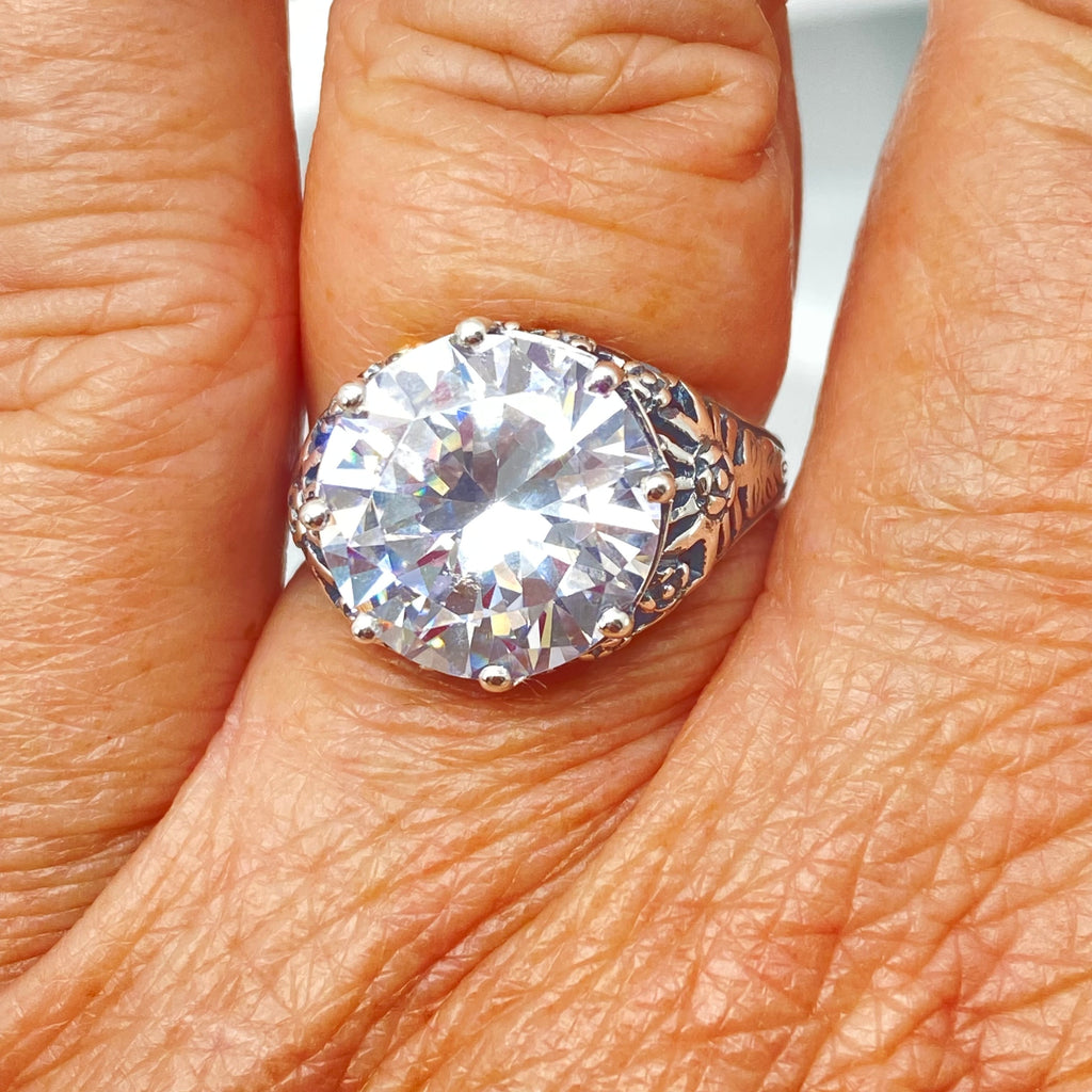 White Cubic Zirconia (CZ) Crown Ring, Round Full Cut Gemstone, Sterling Silver Filigree Victorian Reproduction Jewelry, Vintage Jewelry, Silver Embrace Jewelry, D08 Crown