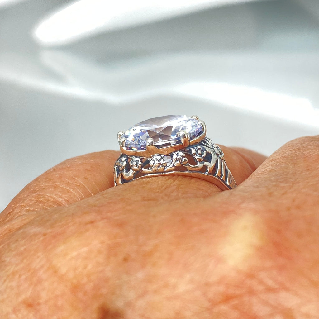 White Cubic Zirconia (CZ) Crown Ring, Round Full Cut Gemstone, Sterling Silver Filigree Victorian Reproduction Jewelry, Vintage Jewelry, Silver Embrace Jewelry, D08 Crown