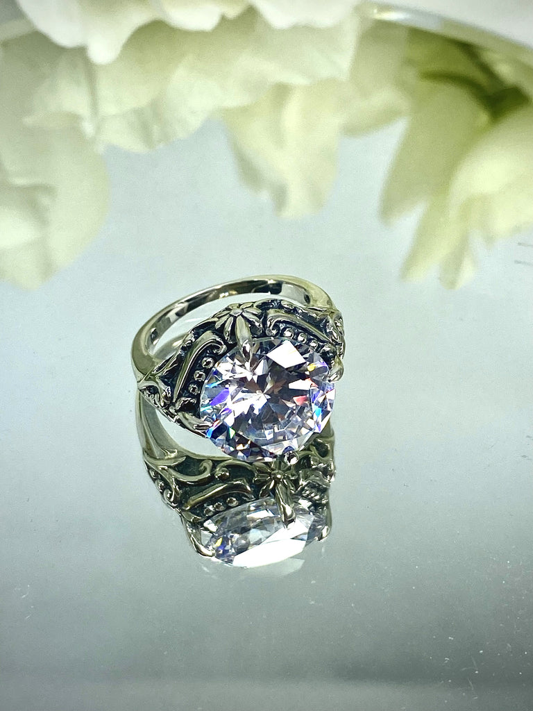 White CZ, Cubic Zirconia, Victorian Ring, Sterling silver Filigree, Round Cut Orb Design, D82, Silver Embrace Jewerly
