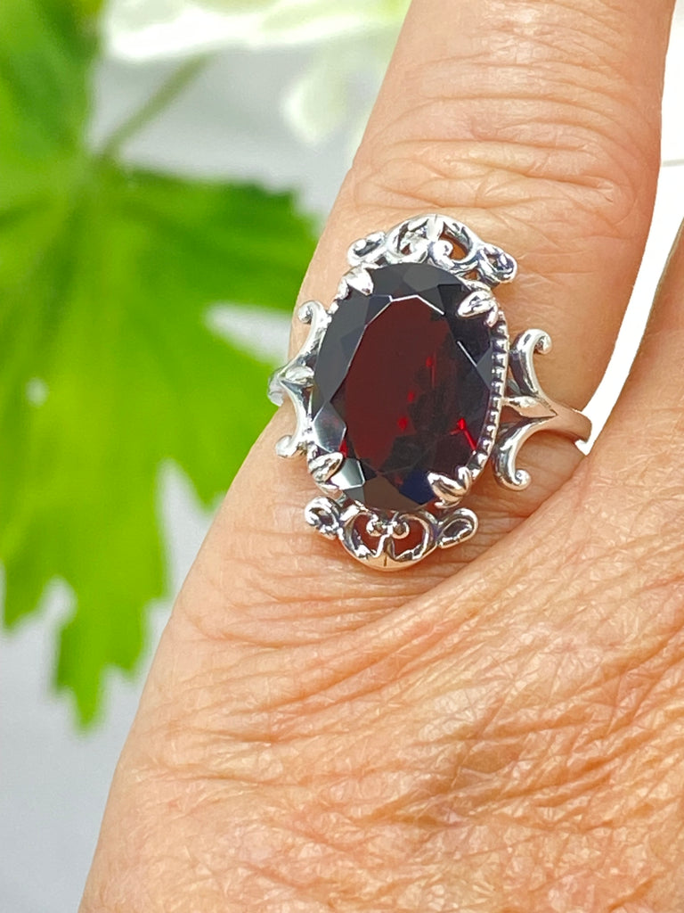 Natural Red Garnet Ring, Vampire style, sterling silver filigree, Gothic jewelry, Silver Embrace Jewlry D85