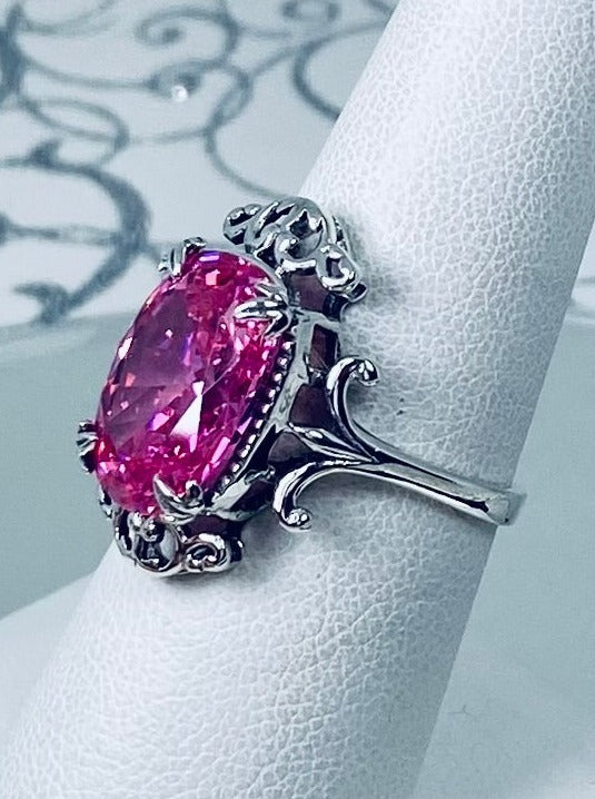 Pink CZ Ring, Oval Gem, Gothic Vintage Style Jewelry, Sterling Silver Filigree, Silver embrace jewelry