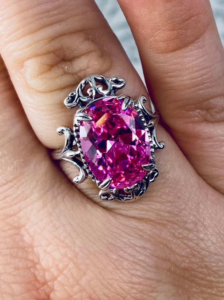 Pink CZ Ring, Oval Gem, Gothic Vintage Style Jewelry, Sterling Silver Filigree, Silver embrace jewelry