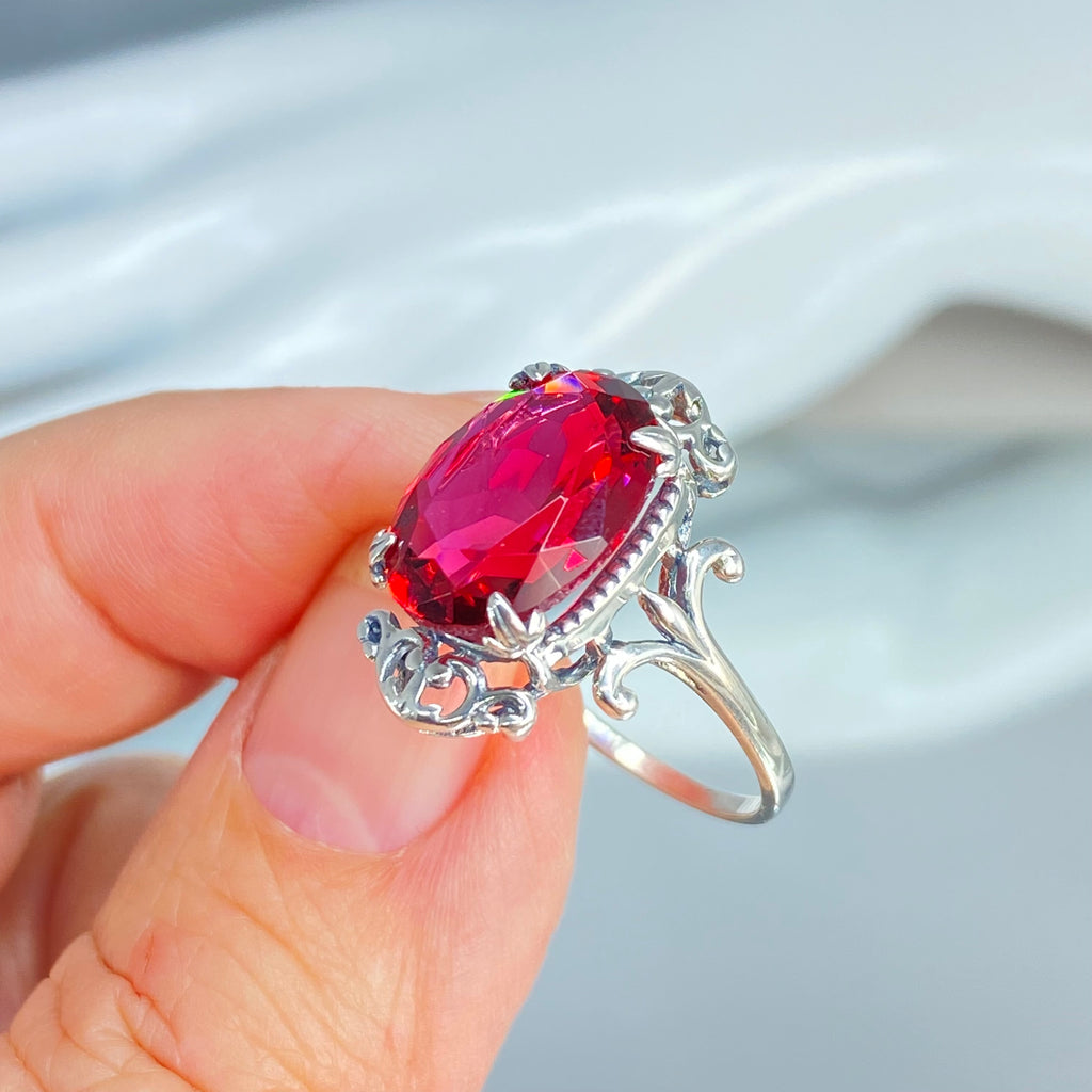 Red Ruby Ring, Vampire Ring, D84, Sterling Silver Filigree, Vampire Gothic Jewelry, Silver Embrace Jewelry