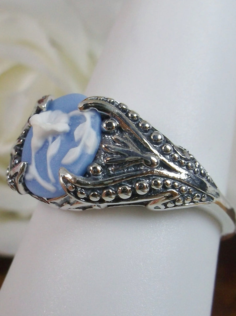 Blue & White Orchid Floral Cameo Ring, Sterling Silver Filigree, Gothic small oval design Gothic Jewelry, Victorian Jewelry, Silver Embrace Jewelry, D85