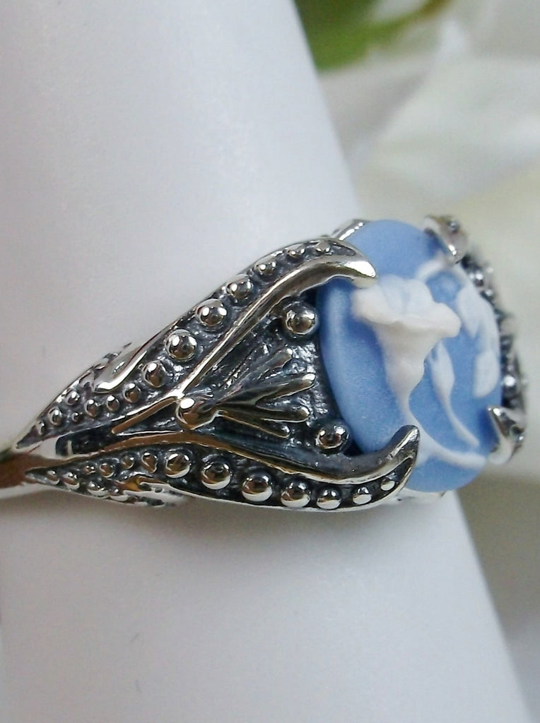 Blue & White Orchid Floral Cameo Ring, Sterling Silver Filigree, Gothic small oval design Gothic Jewelry, Victorian Jewelry, Silver Embrace Jewelry, D85