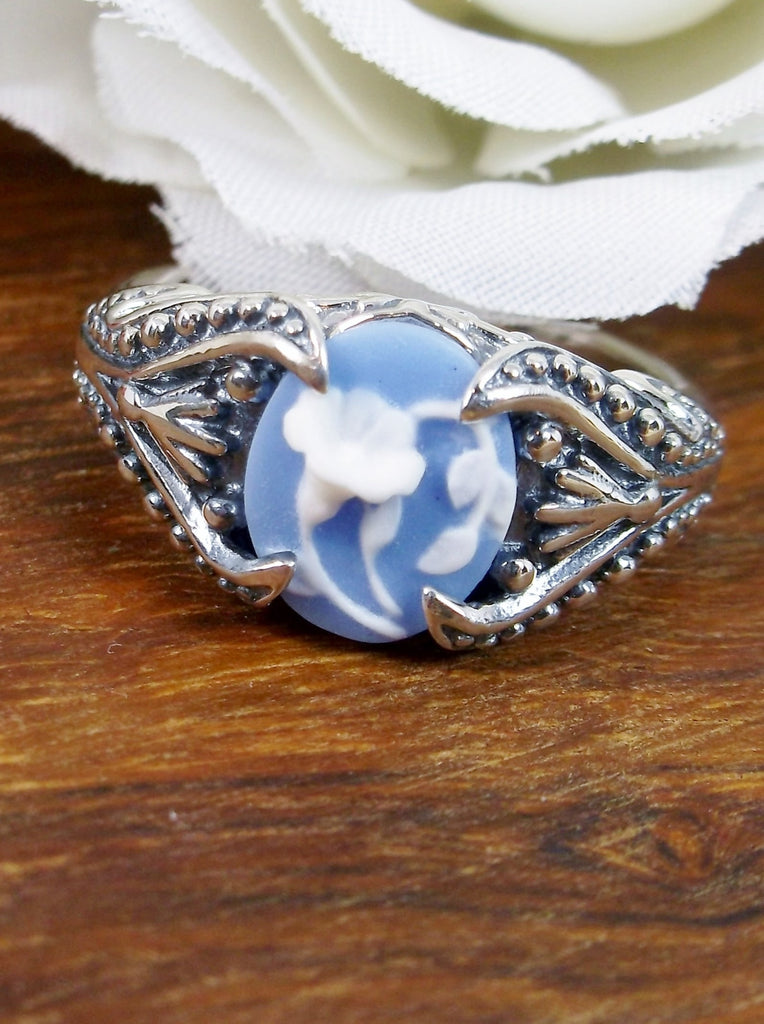 Blue & White Orchid Floral Cameo Ring, Sterling Silver Filigree, Gothic small oval design Gothic Jewelry, Victorian Jewelry, Silver Embrace Jewelry, D85
