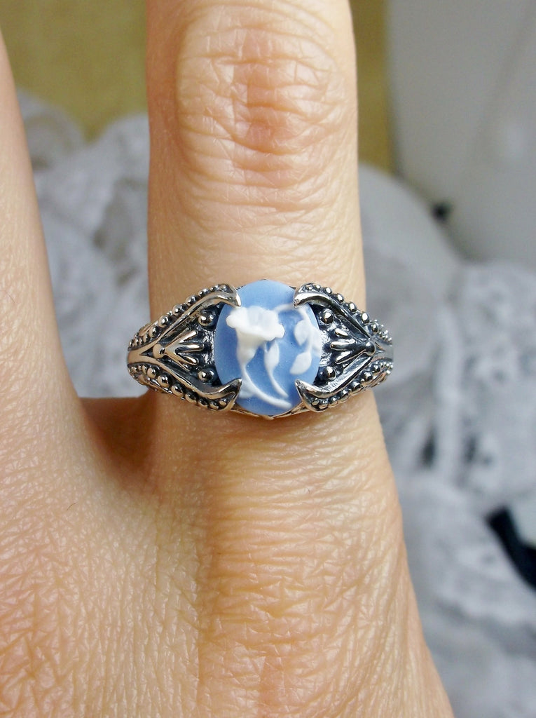 Blue & White Orchid Floral Cameo Ring, Sterling Silver Filigree, Gothic small oval design Gothic Jewelry, Victorian Jewelry, Silver Embrace Jewelry, D85